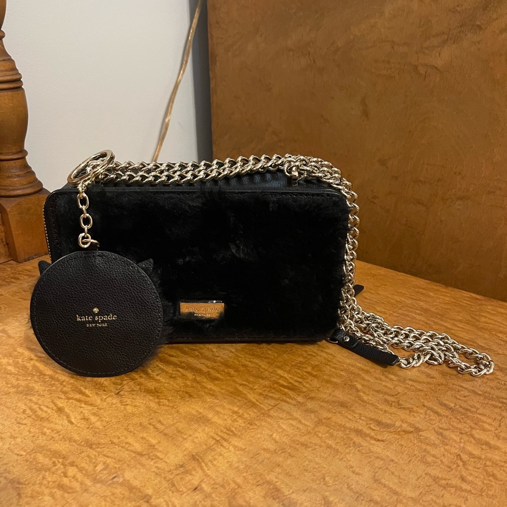 NWOT Kate Spade Faux Fur Cat Clutch with Crossbody Strap and Matching Keychain - Picture 3 of 5